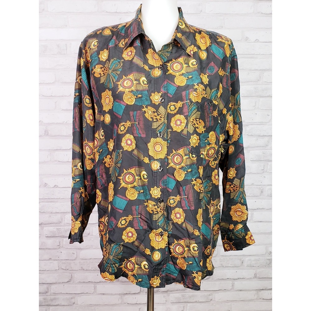 Vintage 80s navy blue silk‎ blouse baroque medals ribbons print sz M by Whistles